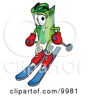 Rolled Money Mascot Cartoon Character Skiing Downhill
