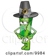 Rolled Money Mascot Cartoon Character Wearing A Pilgrim Hat On Thanksgiving by Mascot Junction