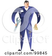 Royalty Free RF Clipart Illustration Of A Messy Male Mechanic In Blue Coveralls