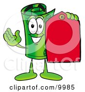 Rolled Money Mascot Cartoon Character Holding A Red Sales Price Tag