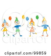 Poster, Art Print Of Stick Children With Party Hats And Balloons