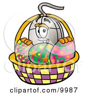 Poster, Art Print Of Computer Mouse Mascot Cartoon Character In An Easter Basket Full Of Decorated Easter Eggs