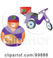 Poster, Art Print Of Delivery Man Holding A Package By His Scooter
