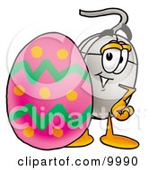 Poster, Art Print Of Computer Mouse Mascot Cartoon Character Standing Beside An Easter Egg