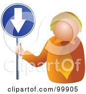 Poster, Art Print Of Businessman Holding A Down Arrow Sign