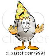 Poster, Art Print Of Computer Mouse Mascot Cartoon Character Wearing A Birthday Party Hat