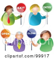Royalty Free RF Clipart Illustration Of A Digital Collage Of Business Men And Women Holding Exit Entry Open And Close Signs