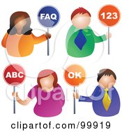 Poster, Art Print Of Digital Collage Of Business Men And Women Holding Faq 123 Abc And Ok Signs