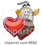 Computer Mouse Mascot Cartoon Character With An Open Box Of Valentines Day Chocolate Candies