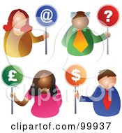 Royalty Free RF Clipart Illustration Of A Digital Collage Of Business Men And Women Holding At Question Pound And Dollar Signs by Prawny
