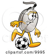 Computer Mouse Mascot Cartoon Character Kicking A Soccer Ball