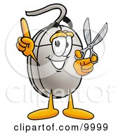 Computer Mouse Mascot Cartoon Character Holding A Pair Of Scissors by Mascot Junction