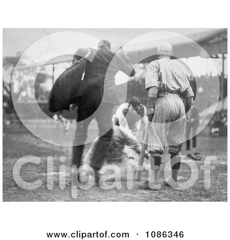 Umpire Waiting as a Baseball Player Steals Home Base - Free Historical Baseball Stock Photography by JVPD