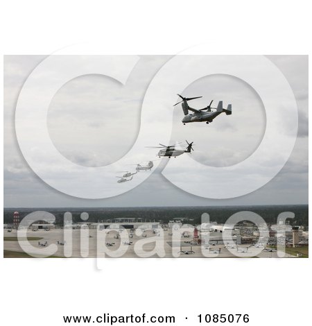 V-22 Osprey, CH-53E Super Stallion Helicopter, CH-46 Sea Knight Helicopter, UH-1N Huey Aircraft, And an AH-1 Cobra Aircraft Performing a Formation Flight - Free Stock Photography by JVPD