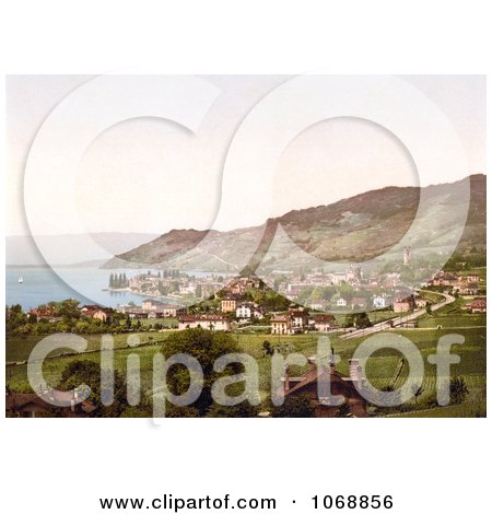 Vineyards and Village of Vevey on Geneva Lake, Switzerland - Royalty Free Historical Stock Photochrom by JVPD