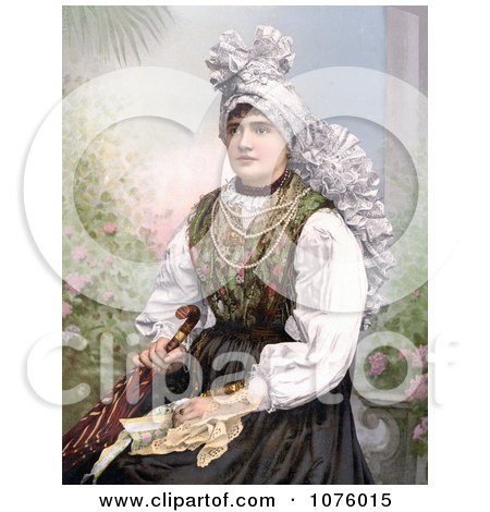 Woman Seated in Traditional Clothing, Holding an Umbrella, Carniola, Slovenia - Royalty Free Historical Clip Art by JVPD